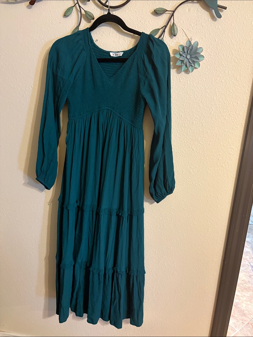 In Bloom Teal Long Sleeve Tiered Maxi Dress